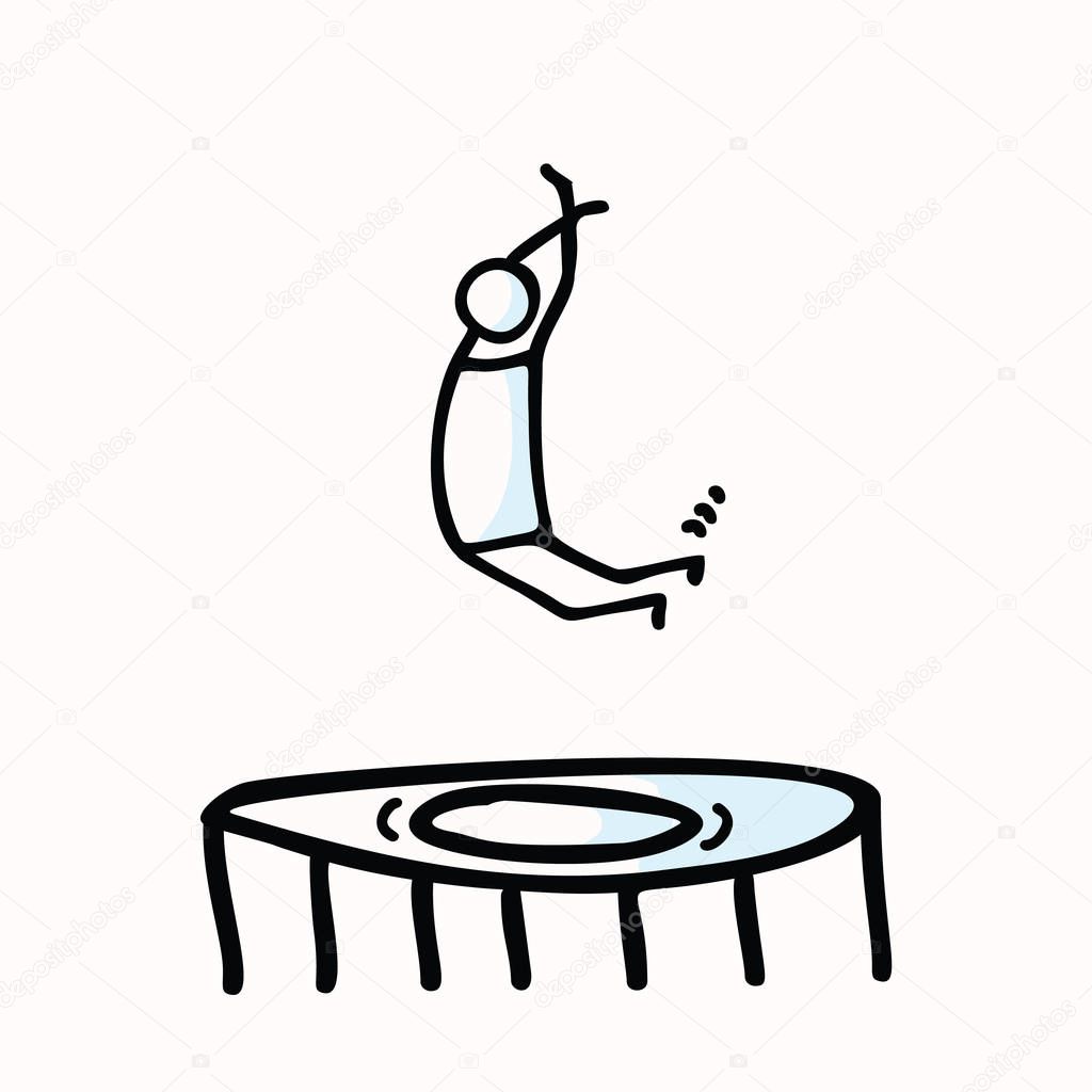 Hand Drawn Stickman Jumping in Air on Trampoline. Concept Physical Exercise. Simple Icon Motif for Jumpo for Joy Stick Figure Pictogram. Energy, Movement, Sport, Gym Bujo Illustration. Vector EPS 10.