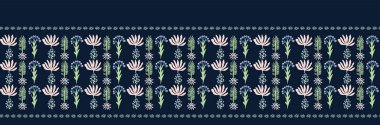 Çiçek Vektörü Damask Motif Sancak Arkaplanı. Saf Tohum Çiçeği Koyu Çiçeksiz Sınır Kalıbı. Klasik Mavi İndigo 'da zarif egzotik tropikal çiçek. El yapımı Tekstil Kurdelesi Kenar Kesimi. Eps 10