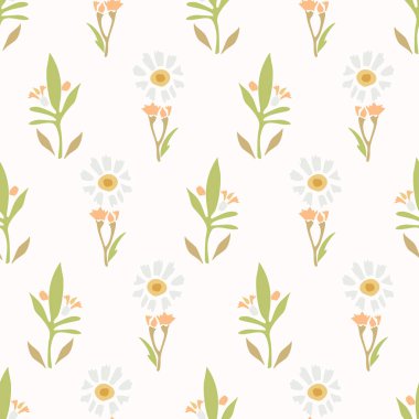 Papatya Papatya Çiçeği Motif Arkaplanı. Saf Margerite Çiçeksiz Beyaz Şablon. Narin Yaprak El Tekstil. Bahar ve Yaz Çayırı Tekrarlanan Çizimler. Vektör Eps 10