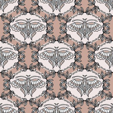 Klasik Art Deco Kelebek Vektör Kusursuz Desen. Stylised 1920 stili Geometric Bug Damask Arkaplanı. El yapımı Süslü Klasik Kanatlar Tekstili. Yazdırma Eps 10 'un her tarafına süslemeli süsleme