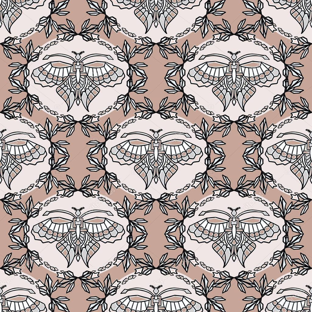 Vintage Art Deco Butterfly Vector Seamless Pattern. Stylised 1920s style Geometric Moth Bug Damask Background. Hand Drawn Ornate Classic Wings Textile. Ornamental Flourish All Over Print Eps 10