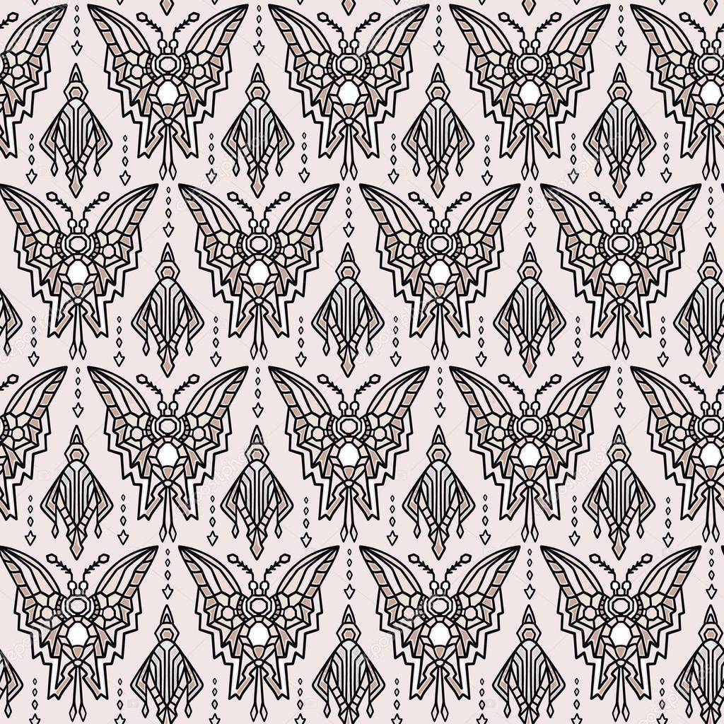 Vintage Art Deco Butterfly Vector Seamless Pattern. Stylised 1920s style Geometric Moth Bug Damask Background. Hand Drawn Ornate Classic Wings Textile. Ornamental Flourish All Over Print Eps 10
