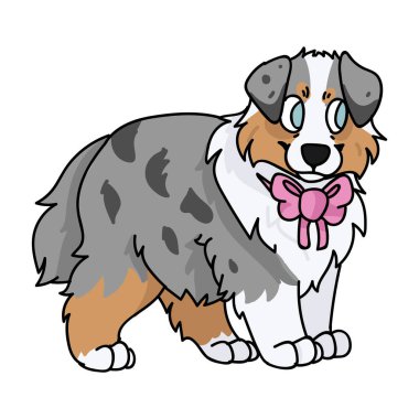 Pembe yay vektör klipli şirin bir Avustralya karikatürü çoban köpeği. Köpek sevenler için soylu köpek kulübesi. Evcil hayvan salonu illüstrasyon maskotu için safkan evcil hayvan. İzole edilmiş İngiliz köpek avı.