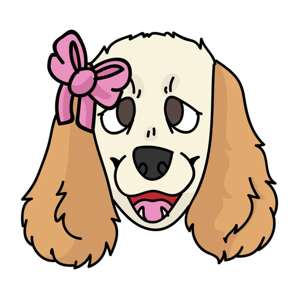 Cute Cartoon Cocker Spaniel Puppy Girly Bow Dog Face Vector — Stock Vector