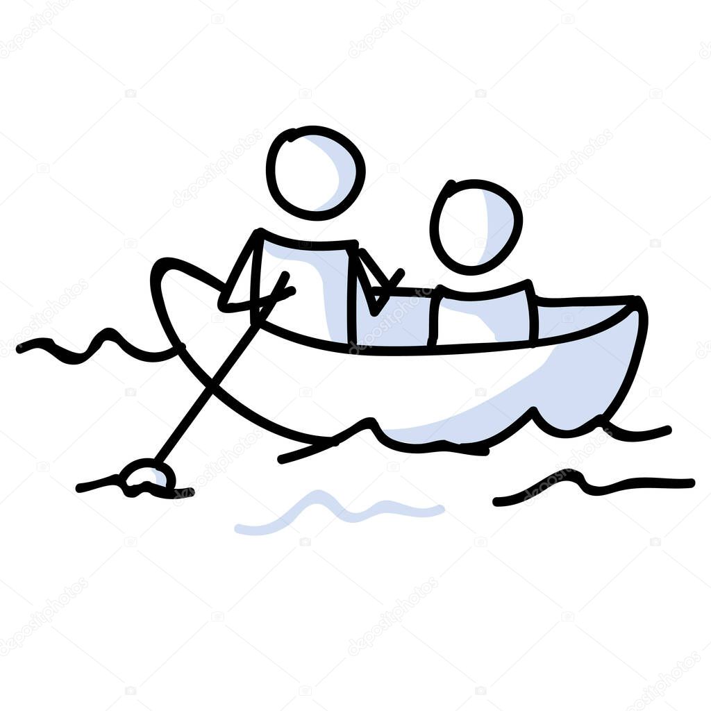 Cute stick figures on canoeing holiday vector clipart. Concept of boating on lake in kayak. Hand drawn pictogram of recreation lesiure illustration. Eps 10. 