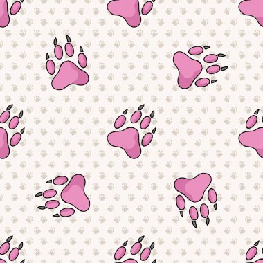 Pençesi pürüzsüz vektör desenli şirin pembe köpek pençesi. Vahşi hayvan patisi arka planı. Baskı altındaki çocuklar için eğlenceli, vahşi bir patika. Kedi yavrusu ve evcil hayvan. EPS 10. 