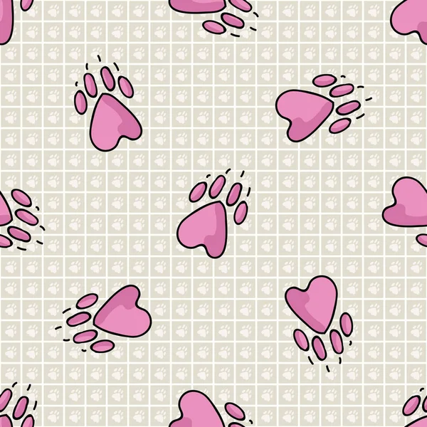Hand drawn cute pink puppy dog paw seamless vector pattern. Wild animal paw pad background. Fun joyful wild trail for kids all over print. Kitten and pet. EPS 10.