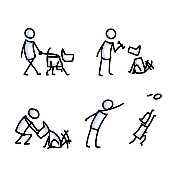 かわいい棒図犬と所有者セットベクトルクリップ。座るためにBujo弾丸ジャーナルスタイル愛らしい漫画子犬の訓練。シンプルなペットのプーチケアイラスト。Eps 10. — ストックベクタ
