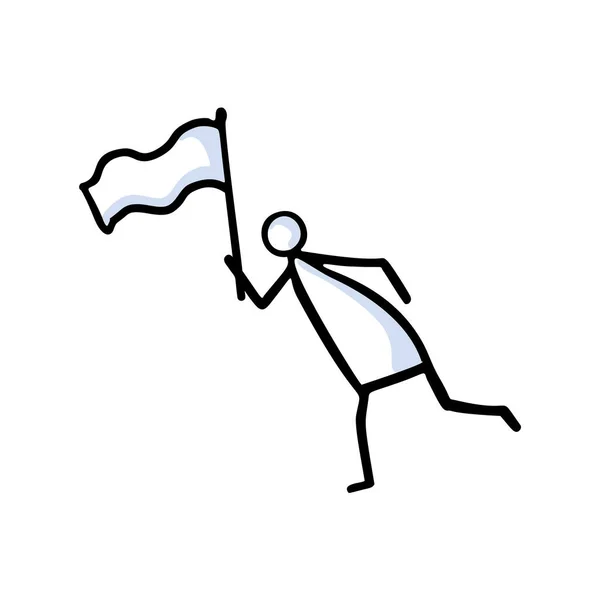 Kör Stickman Viftande Flagga och Racing mot Mål. Handritad isolerad person Doodle Icon Motivelement. Platt färg. Bra för Sport Relay Run, Winner Lap Concept. Enkel piktogramvektor Eps 10 — Stock vektor