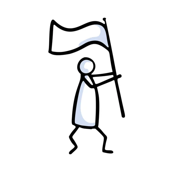 Флаг размахивания фигуркой. Ручной рисунок Изолированная человеческая икона каракулей Мотив. Клип Арт Элемент. Черно-белый плоский цвет. Сообщение, Протестная Победа, Активист или Концепция Акции. Векторная пиктограмма EPS 10 — стоковый вектор