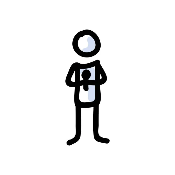 Handgetekende stokfiguur met microfoon. Concept van Public Speaking Performer. Eenvoudig icoon motief voor stand-up komedie Pictogram. Toneel, Speech, Speaker Bujo Illustratie. Vector Eps 10. — Stockvector