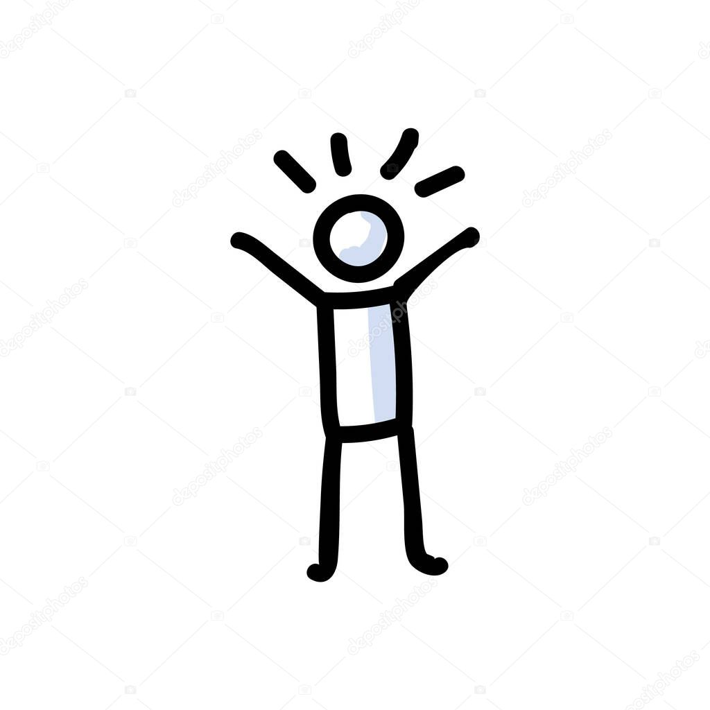 Hand Drawn Optimistic Stick Figure in Cheerful Pose. Concept of Positive Happy Expression. Simple Icon Motif for Glad Mood Communication. Pose, Joy, Funny, Bujo Illustration. Vector EPS 10. 