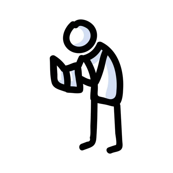 Leitura vara figura pessoa de pé com o livro. Elemento de motivo de ícone de doodle humano isolado desenhado à mão em cor plana. Para aprender, Educação, Literatura, Estudo ou Conceito de Inglês . —  Vetores de Stock
