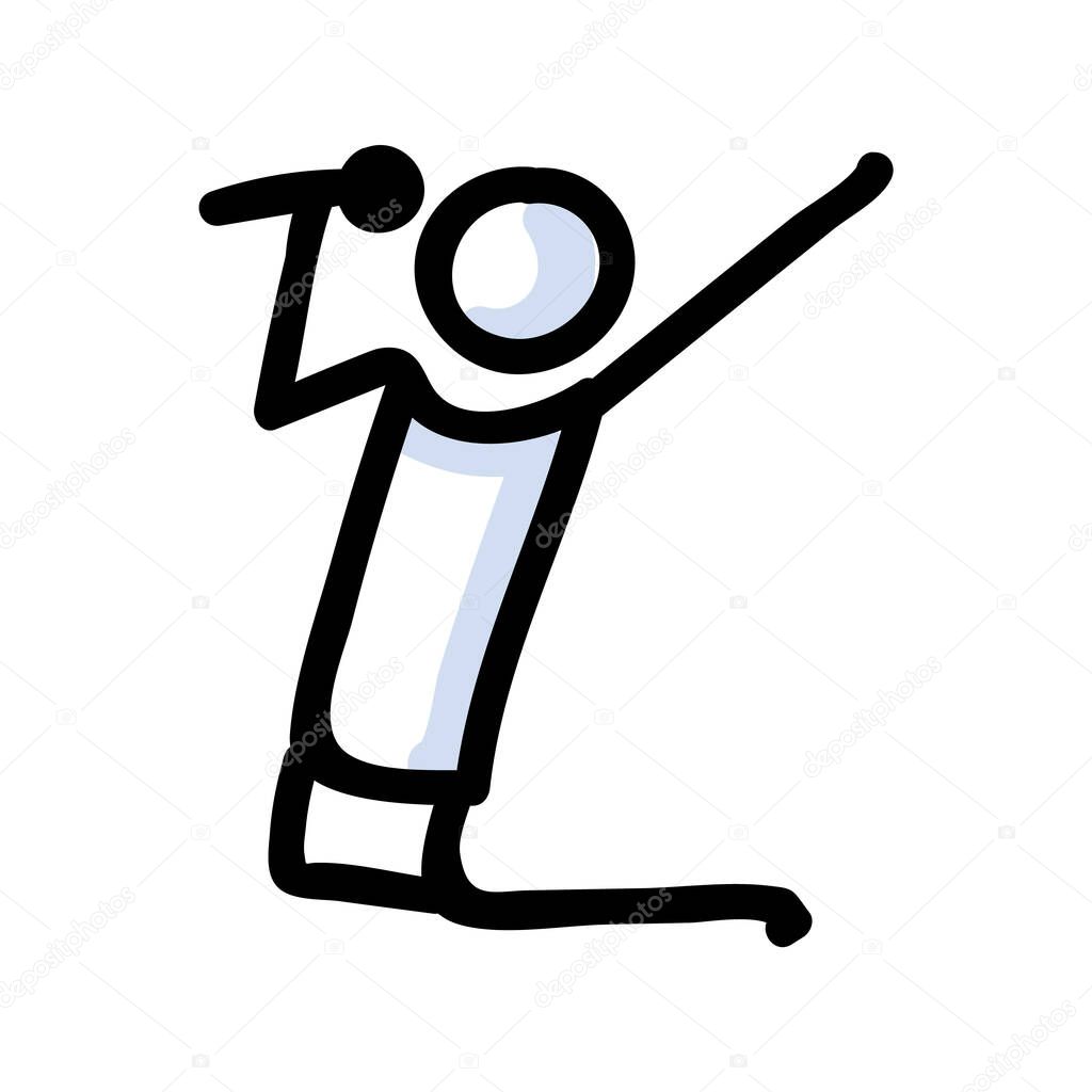 Hand Drawn Stick Figure Singer Performer. Concept of Concert with Microphone. Simple Icon Motif For Musical Stage Entertainer with Microphone. Karaoke, Media, Music Bujo Illustration. Vector EPS 10. 