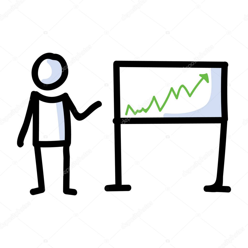 Hand Drawn Stick Figure Business Growth Chart. Concept of Finance Report Expression. Simple Incon Motif for Stock Money Economic Forecast. Statistic, Investment Bujo Illustration. Vector EPS 10. 