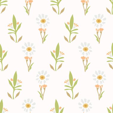 Papatya Papatya Çiçeği Motif Arkaplanı. Saf Margerite Çiçeksiz Beyaz Şablon. Narin Yaprak El Tekstil. Bahar ve Yaz Çayırı Tekrarlanan Çizimler. Vektör Eps 10