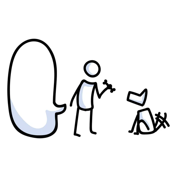 귀여운 강아지와 강아지 주인 이 텍스트 버블 벡터 클럭 부분으로 스틱을 훈련시키는 모습입니다. 버 조 총알 저널 (bujo bullet Journal) 은 개를 치료하는 만화 캐릭터이다. 스틱 맨 과 푸치 사이의 우정. Eps 10. — 스톡 벡터
