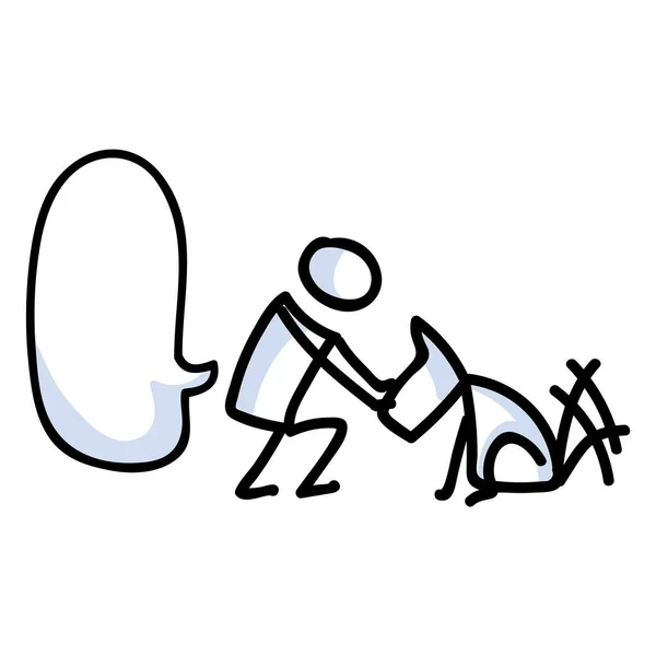 Söt stick figur ägare petting hund med tal bubbla vektor clipart. Bujo kula journal stil bedårande tecknad valp älskare. Vänskap mellan käppman och jycke. Eps 10. — Stock vektor