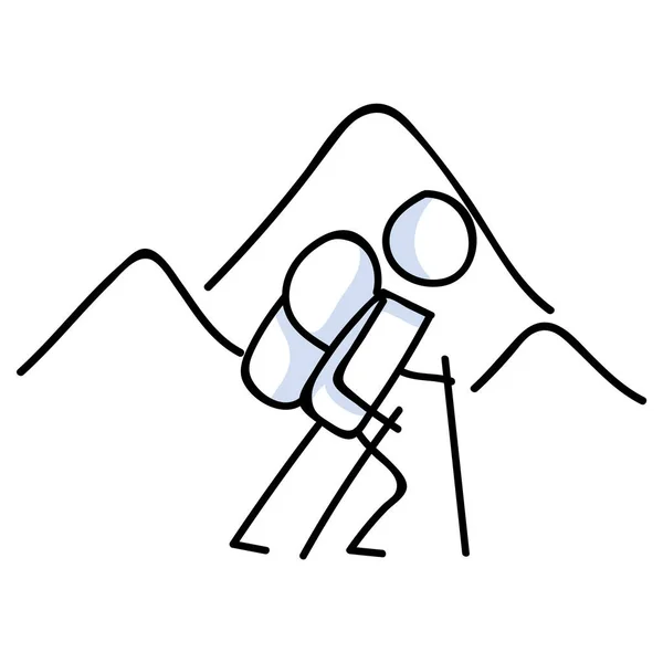 远足木棍靠近山线艺术图标.背着背包，轨道杆。户外休闲散步、爬山和远足的生活方式。野性冒险和自然旅行的结合. — 图库矢量图片