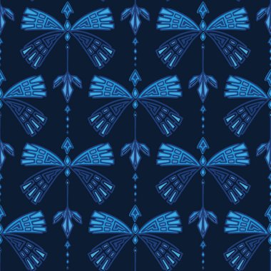 Shibori Kelebek Arkaplanı. Boya mavisi İndigo mavi dalga dokusu. Beyazlatılmış, el yapımı, kusursuz desen. Suluboya Tekstil. Klasik Japon ya da Endonezya baskısı. Vektör Döşeme 10 Eps tekrarla