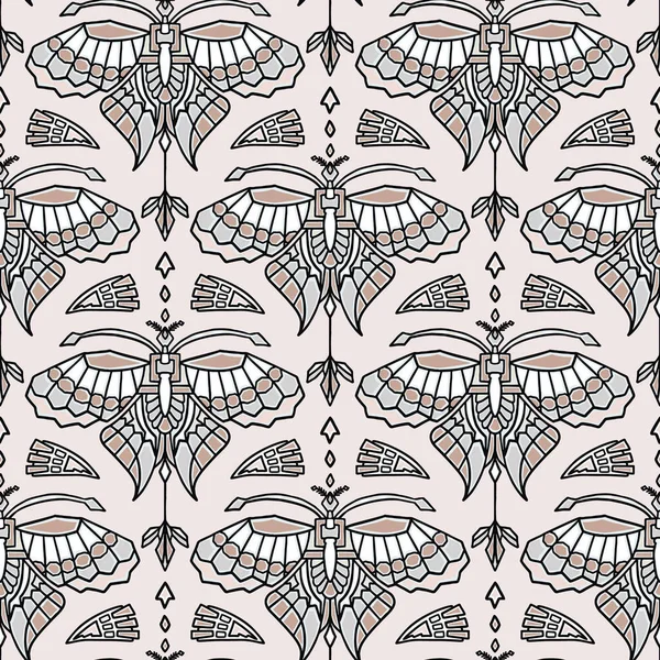 Vintage Art déco papillon vecteur motif sans couture. Stylisé style années 1920 Geometric Moth Bug Damask Arrière-plan. Textile décoré d'ailes classiques dessiné à la main. ornementale fleurir partout imprimer eps 10 — Image vectorielle