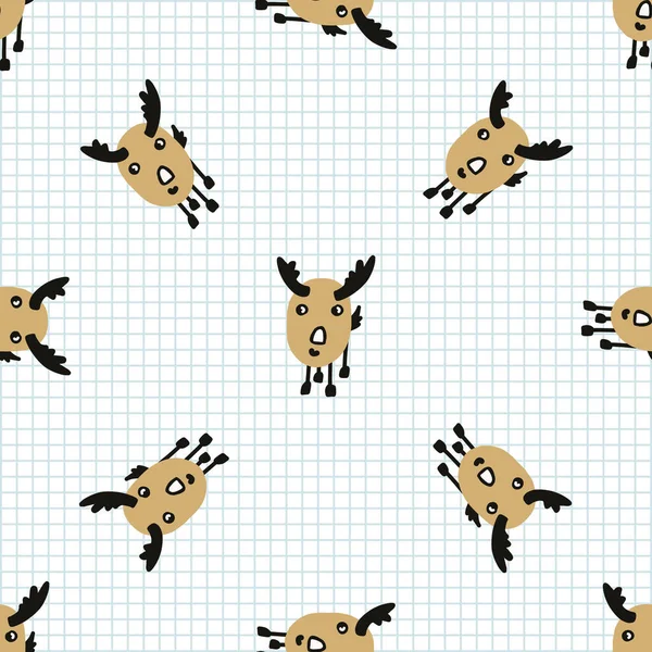 Kawaii doodle antlered veado padrão vetor sem costura. Mão desenhado ingênuo jogo de fundo animal. Estaca com chifres decoração de casa bonito. Chifre, chifre, caça, estação, cauda branca. Vetor EPS 10 . —  Vetores de Stock