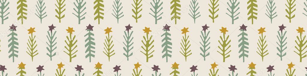 Homespun Naive Christmas Fir Tree dengan Star Border Pattern. Latar Belakang Tepi untuk Perayaan Liburan Washi Tape. Winter Hand Drawn Wood Collage Backdrop. Trim Pita Pita Pita. Eps Vektor 10 Stok Vektor