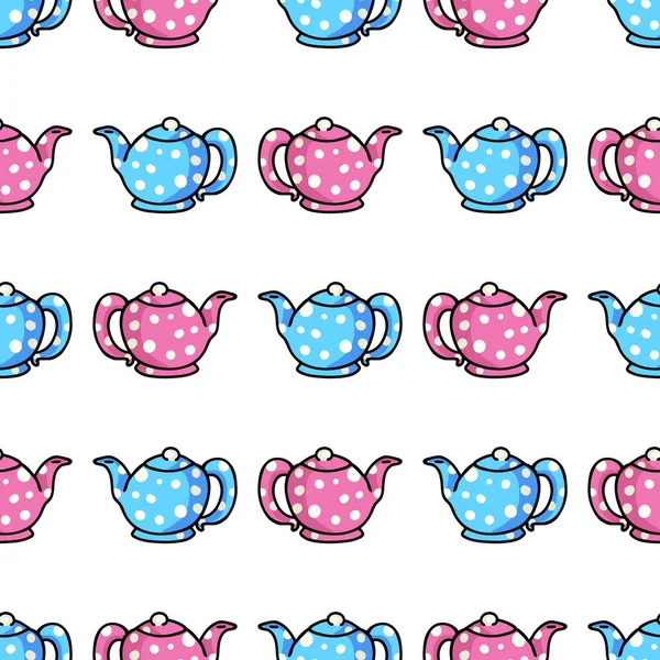 Cute Чайник Мультфильм Бесшовный векторный шаблон. Розовый ручной рисунок и голубая керамическая плитка кухни. Все на печать для горячих напитков блог, кухонные принадлежности графический, домашний декор . — стоковый вектор