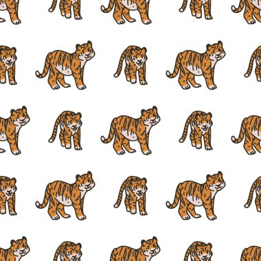 Şirin Kaplan Çizgi Filmi Kusursuz Vektör Deseni. El yapımı Widlife Big Cat Tile. Doğa Günlüğü, Kedi Grafiği, Etçil Ev Dekorasyonu İçin Her Yerde Yazdır. 