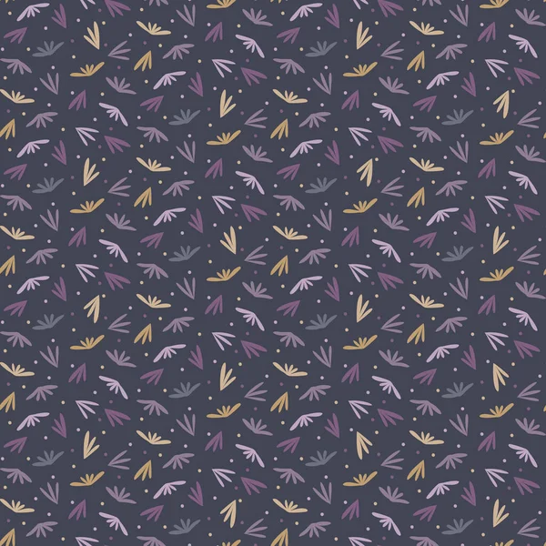 Moodie feuille minuscule motif sans couture ditsy. Moderne partout imprimer avec de l'herbe pétale. fond d'emballage de mode d'hiver sombre. Style dense violet tendance partout imprimer. Swatch textile féminin à petite échelle . — Image vectorielle