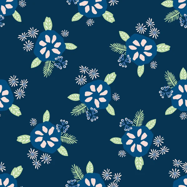 Klassisch blaues Gänseblümchen florales Posy-Motiv Hintergrund. naive Margeritenblume nahtlose Muster. ditsy elegante Marine blühen auf dunkle Mitternacht mit Blatt. handgezeichnetes Textil. Wiederholungsillustrationsvektor Folge 10 — Stockvektor