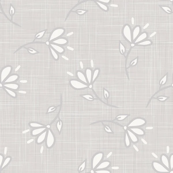 Gray vector french linen texture background. Printed with white daisy leaf flower. — Stock Vector