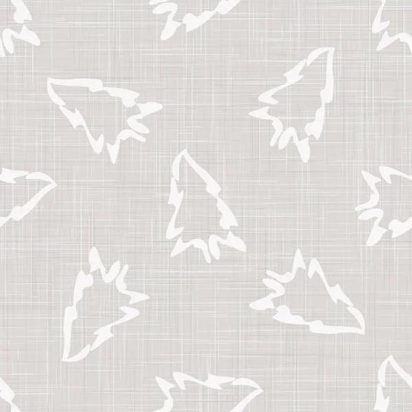 Gray French Linen Texture Background dicetak dengan White Winter Fir Tree. Natural Unbleached Ecru Fibre Christmas Seamless Pattern. Organik Close Up Weave Fabric for Festive Packaging, Vector EPS10 Stok Ilustrasi 