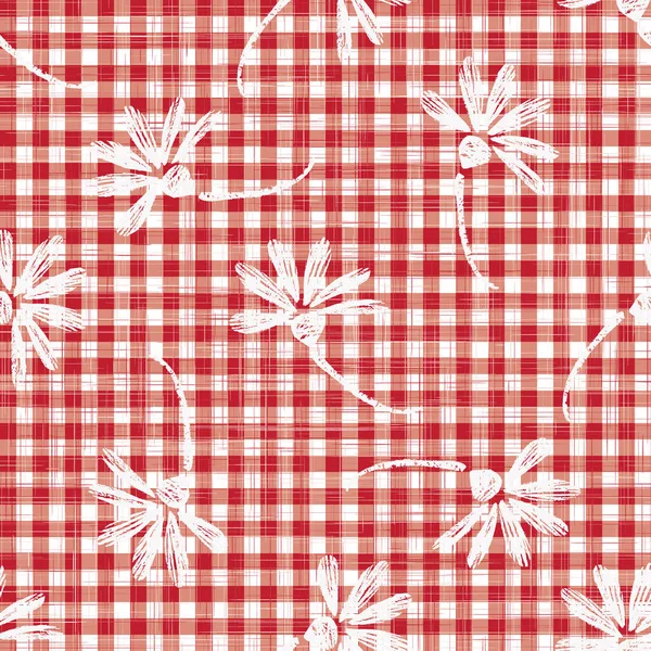 1950-е годы Gingham Seamless Repeat Pattern Background. Красно-белая печать с Дейзи Мотиф. Классическая мода на ретро, текстиль для пикников. Винтажный фартук . — стоковое фото