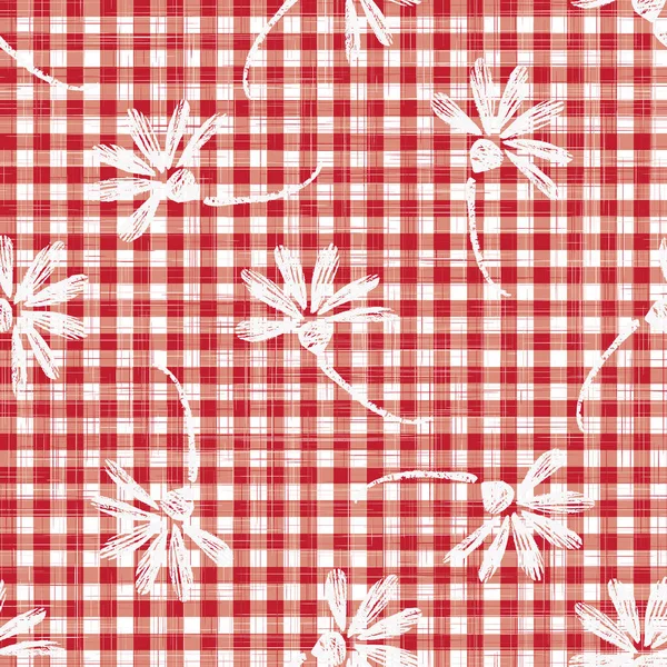 1950 Gingham Inconsútil Patrón de repetición de fondo. Impreso rojo y blanco con motivo margarita. Moda retro clásica, tela textil de mantel de picnic. Delantal Vintage Estilo . —  Fotos de Stock