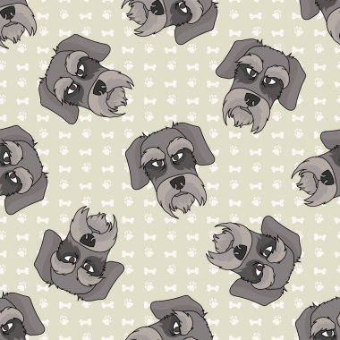 Hand drawn cute schnauzer face breed dog seamless vector pattern. Purebred pedigree puppy domestic dog on paw background. Dog lover terrier pet all over print. Kennel pooch. EPS 10. 
