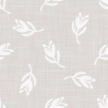 Beyaz lale Daisy Flower ile basılmış gri Fransız keten dokusu. Doğal Ecru Flax Fiber Kusursuz Desen. Duvar kağıdı için organik iplik, kumaş kumaşı, kumaş paketleme. Vektör Eps10