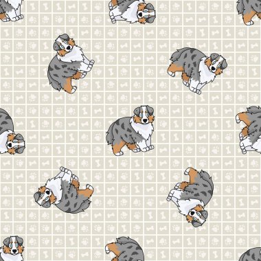 Hand drawn cute australian puppy shepherd breed dog seamless vector pattern. Purebred pedigree domestic dog paw background. Dog lover Australia hunting pet all over print. Kennel pooch. EPS 10. 