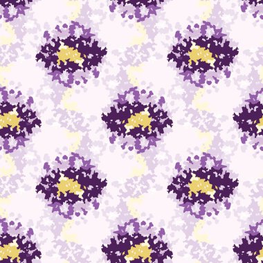 Sıçrayan el boyası puantiyeli arka plan. Kusursuz desenli balmumu izi direnç göstermiş. Mor leylak retro boyanmış batik tekstil. Değişik 70 'li yılların modası çiçek modasına uygun..