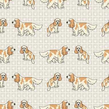 Hand drawn cute cocker spaniel and puppy breed dog seamless vector pattern. Purebred pedigree domestic dog on paw background. Dog lover English hunting pet all over print. Kennel pooch. EPS 10. 