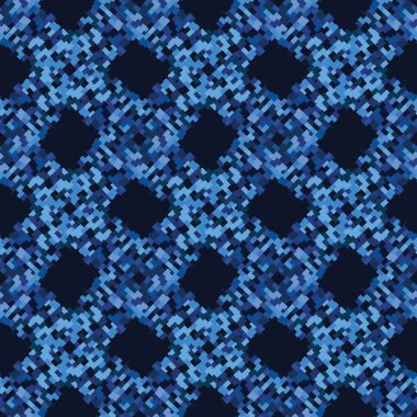Klasik Mavi Yakın Dokuma Arkaplanı. Karanlık Soyut Birbirine Bağlı Piksel Şebeke Mozaik Kusursuz Desen. İndigo Boyası Tekstil Efekti. Her yerinde erkeksi yazılar var. Örnek Döşeme Vektörü Eps 10 'u tekrarla