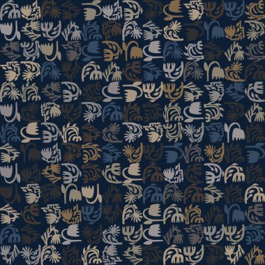 Koyu renkli mozaik vektör dokusu. Erkeksi geometrik dikişsiz stilize çiçek deseni. El yapımı papatya lalesi taraması. Kalıplı mor kahverengi hippi izin izi..