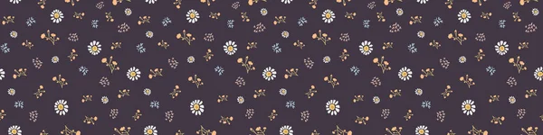 1970s Retro Daisy Wildflower Motif Banner Background. Naive Margerite Flower Seamless Pattern. White on Brown Border. Hand Drawn Textile. Bold Summer Bloom Vintage Ribbon Trim Edge. Vector EPS 10 — Stock Vector