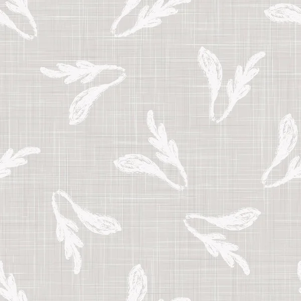 Fondo de textura de lino francés gris impreso con hojas caídas blancas. Patrón natural sin blanquear de fibra de lino de Ecru. Tejido orgánico de primer plano para papel pintado, empaquetado de tela, vector EPS10 — Vector de stock