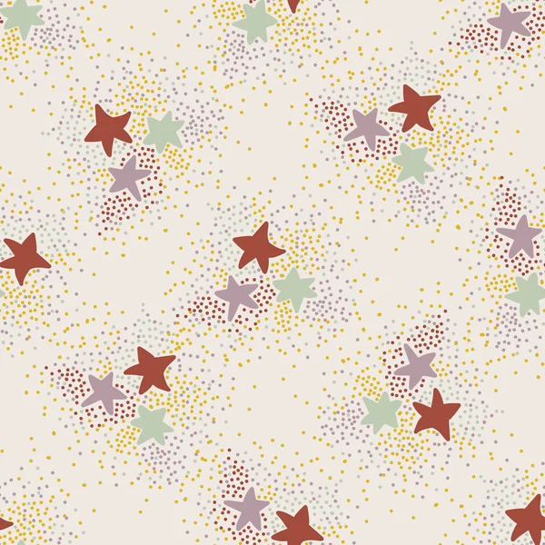 Estrelas espaciais mágicas fundo Vector padrão sem costura. Glowing Stardust asperge o céu no creme neutro de gênero. Bebê recém-nascido bonito, Criança magia universo tema textura. Por todo o lado Print Vector Tile EPS 10 — Vetor de Stock