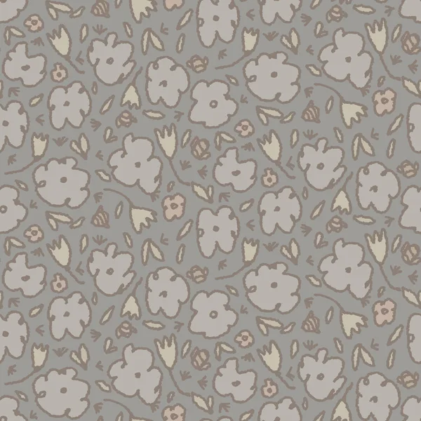 Hand drawn cherry blossom seamless pattern. Japanese spring style geo tossed floral background. Soft grey neutral tones. All over print for asian zakka garden home decor, fashion. Vector swatch repeat — Stok Vektör