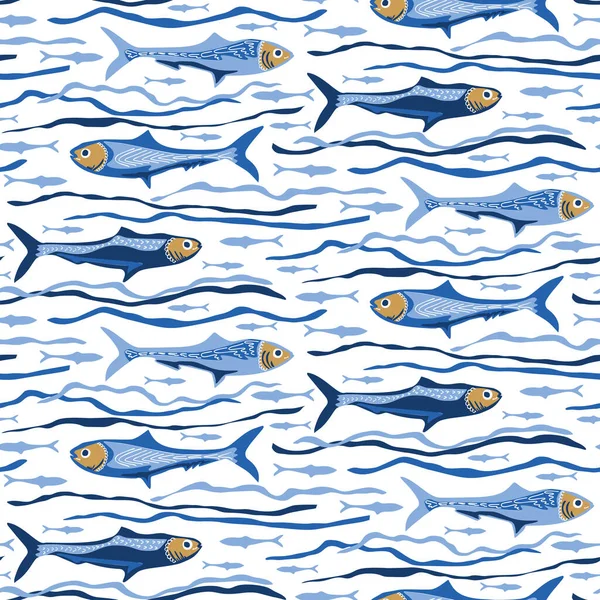 Patrón de vectores sin costura de pescado de sardinas azules. Natación Mar Animal Motif para Lisboa St Anthony Portugese Food Festival. Gráfico para la marca de recetas tradicionales, Envasado de mariscos enlatados. Vector EPS10 — Vector de stock