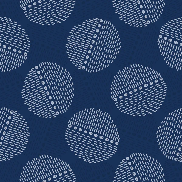 Borduurcirkel Sashiko Kantha Vectorpatroon. Aziatisch Naaldwerk Naadloze Achtergrond. Indigo blauwe stijl. Lopende Hand Stitch Texture voor textiel afdrukken, Japan Decor. Eenvoudige Kimono quiltschoenen 10 — Stockvector