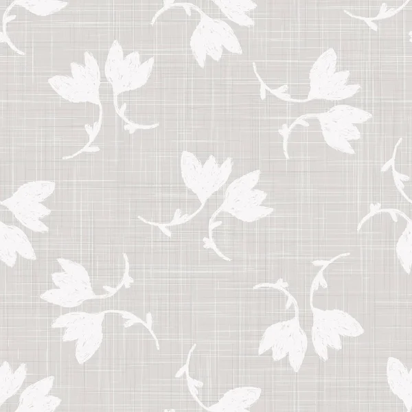 Gray French Linen Texture Background printed with White Tulip Daisy Flower. Natural Ecru Flax Fibre Seamless Pattern. Organic Yarn Close Up Weave Fabric for Wallpaper, Cloth Packaging. Vector EPS10 — Stock Vector