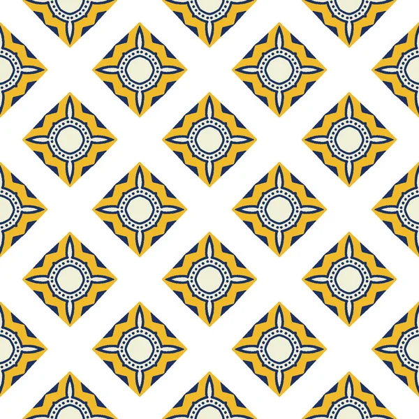 Portugál vektor csempe Azulejo minta. Zökkenőmentes lisszaboni kék sárga fehér mozaik tér háttér. Hagyományos virágos kerámia mediterrán stílus design. Geometrikus átvilágítás nyomtatás ismétlésben10 — Stock Vector